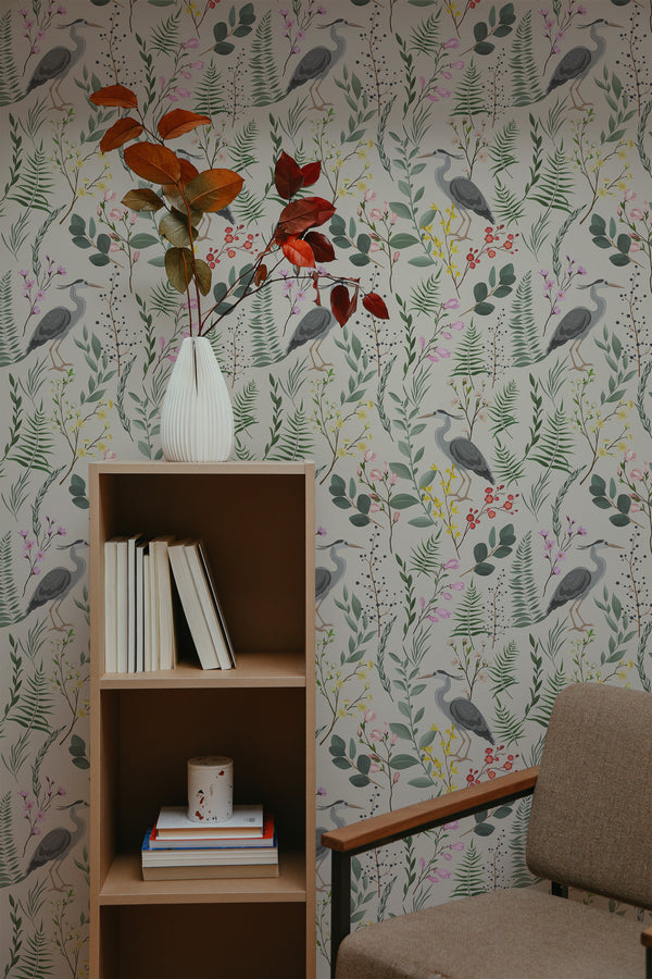 self-adhesive wallpaper bird pattern bookshelf armchair decorative plant interior