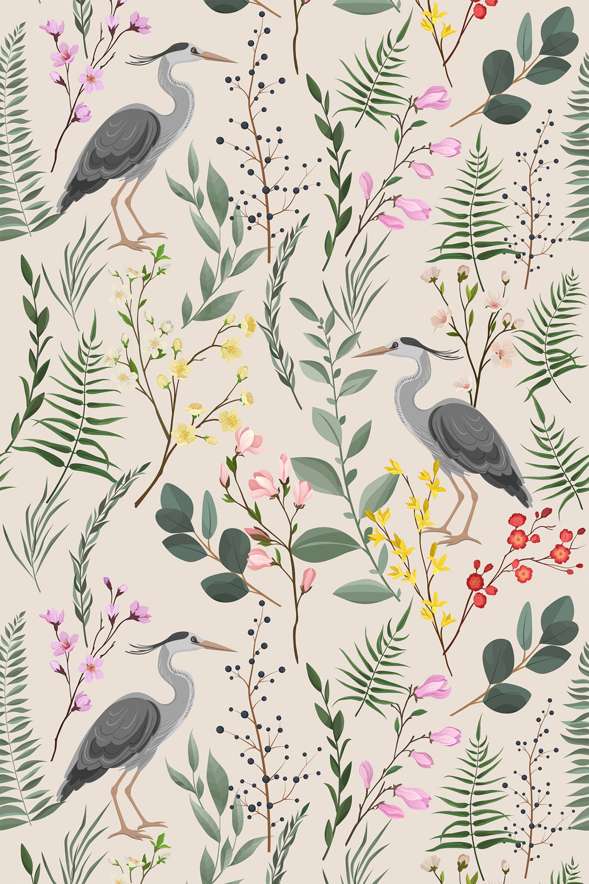 Patterned wallpaper design with herons amidst various green leaves, pink, yellow, and red flowers on a beige background. Peel and stick removable wallpaper.