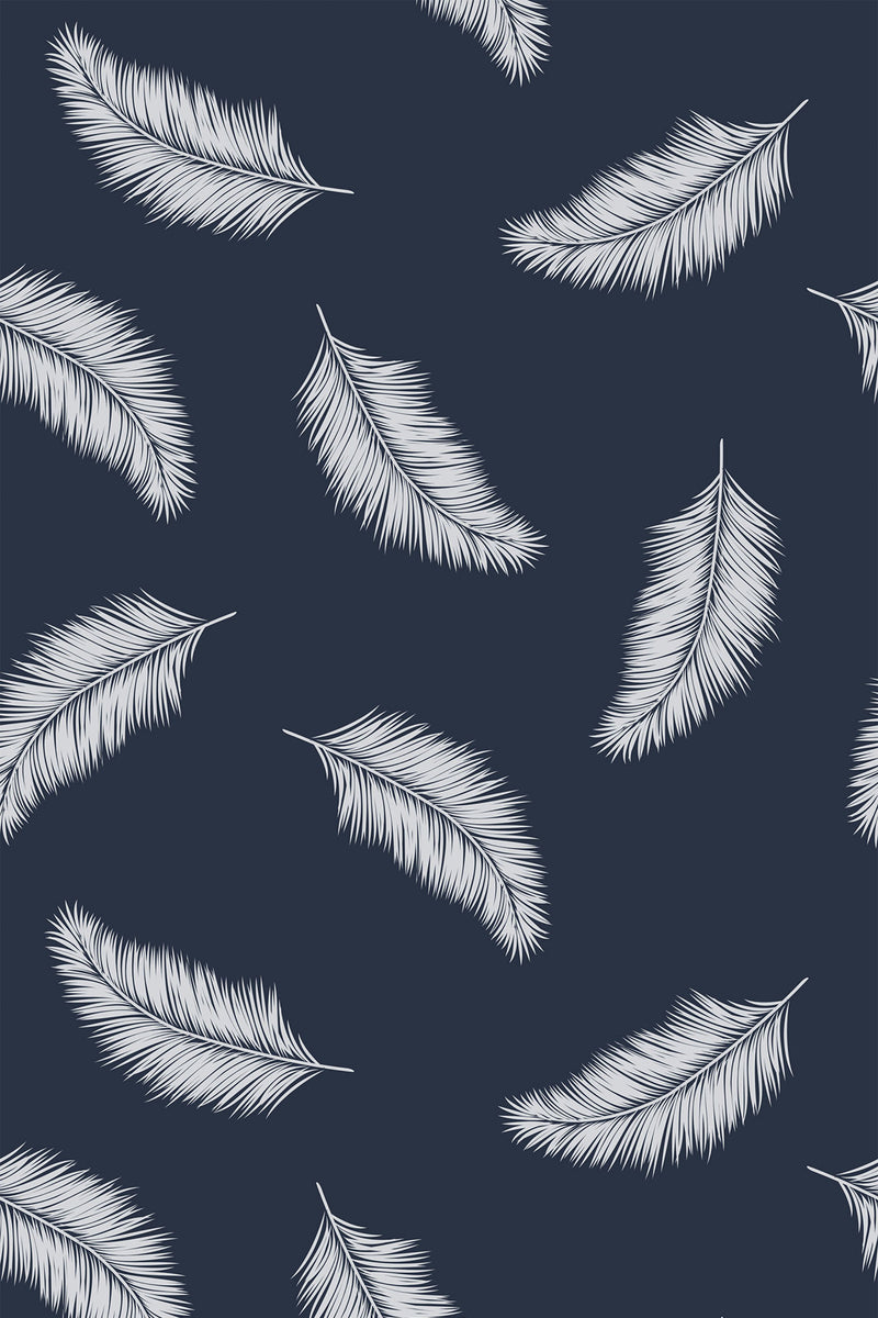 White palm leaves in various orientations scattered on a dark navy blue background. Peel and stick removable wallpaper.