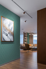 Room with a teal wallpaper design with a subtle pattern of diamond shapes and intricate details, complemented by modern furniture and warm wood accents, traditional wallpaper.