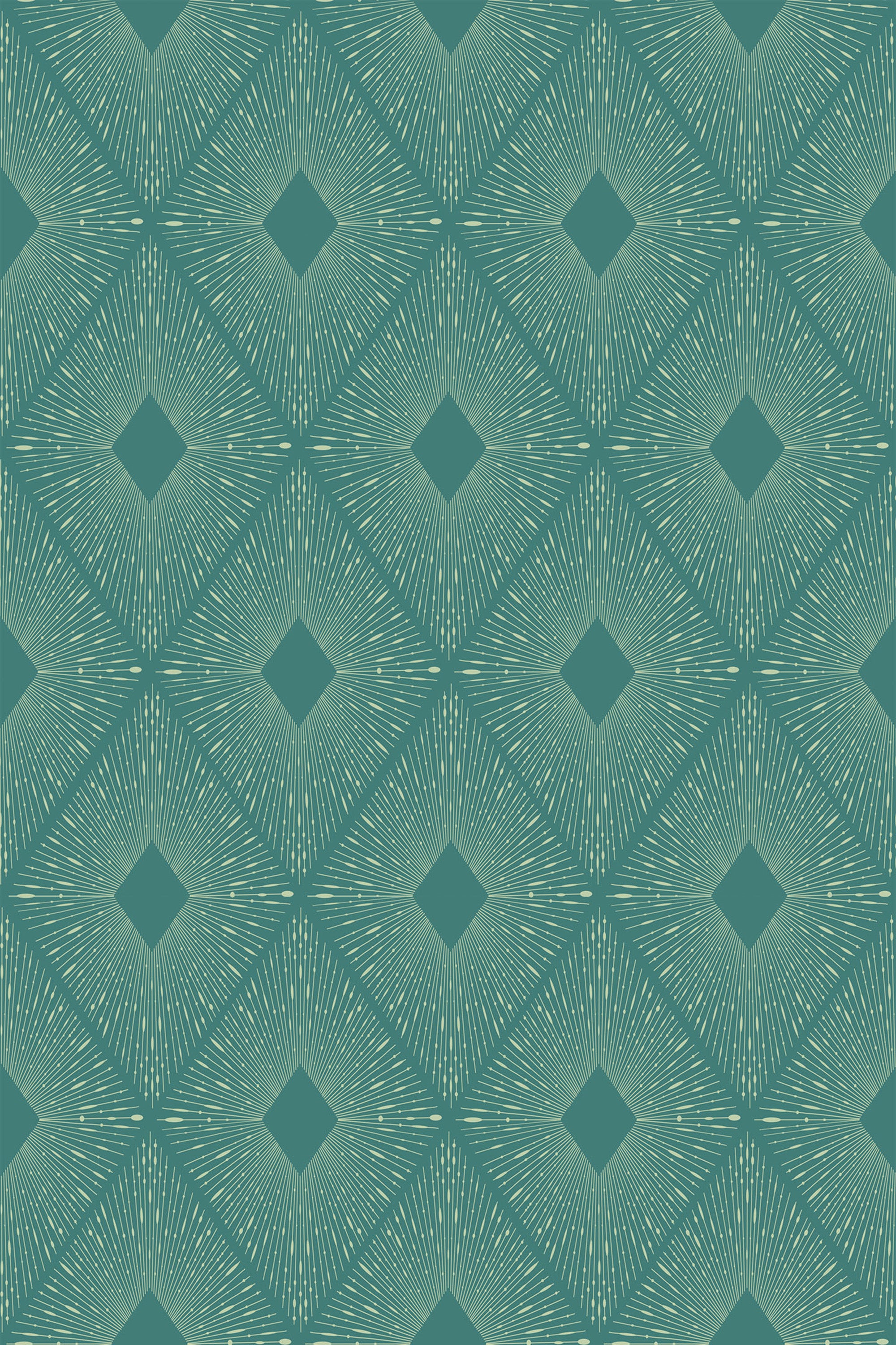 Geometric pattern with teal and white diamond shapes forming a starburst effect, creating a visually dynamic and symmetrical design. Peel and stick removable wallpaper.