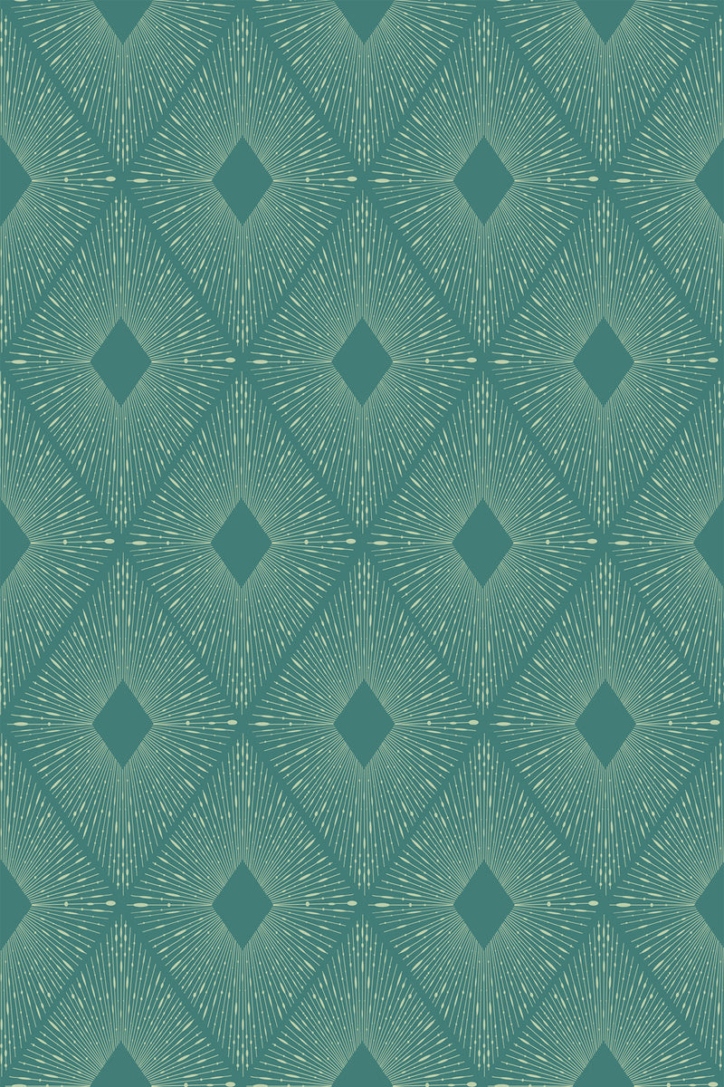 Geometric pattern with teal and white diamond shapes forming a starburst effect, creating a visually dynamic and symmetrical design. Peel and stick removable wallpaper.