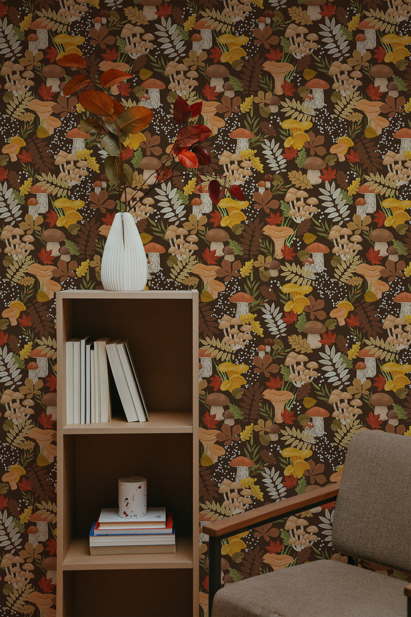 Self-adhesive wallpaper with an Autumn mushroom design in earthy tones, displaying various mushrooms, ferns, and foliage against a dark background, creating a cozy botanical theme perfect for the fall season.