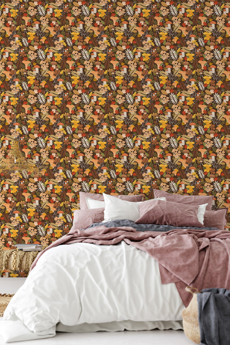 Wallpaper with an intricate pattern of Autumn mushrooms, leaves, and fungi in various shades of brown, orange, and green creating a warm and earthy atmosphere,raditional wallpaper.