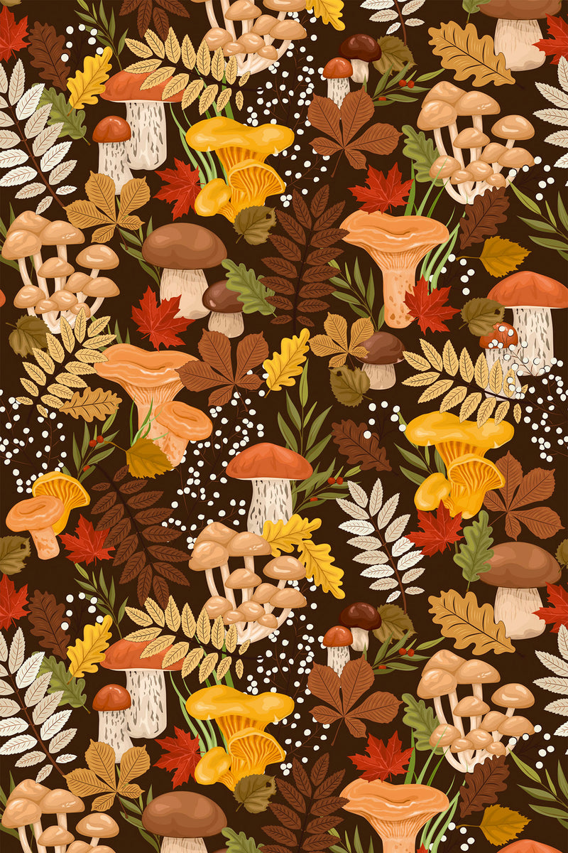 A vibrant repeat pattern with various mushrooms such as chanterelles and toadstools, surrounded by autumn leaves in shades of orange, yellow, and brown on a dark background. Peel and stick removable wallpaper.