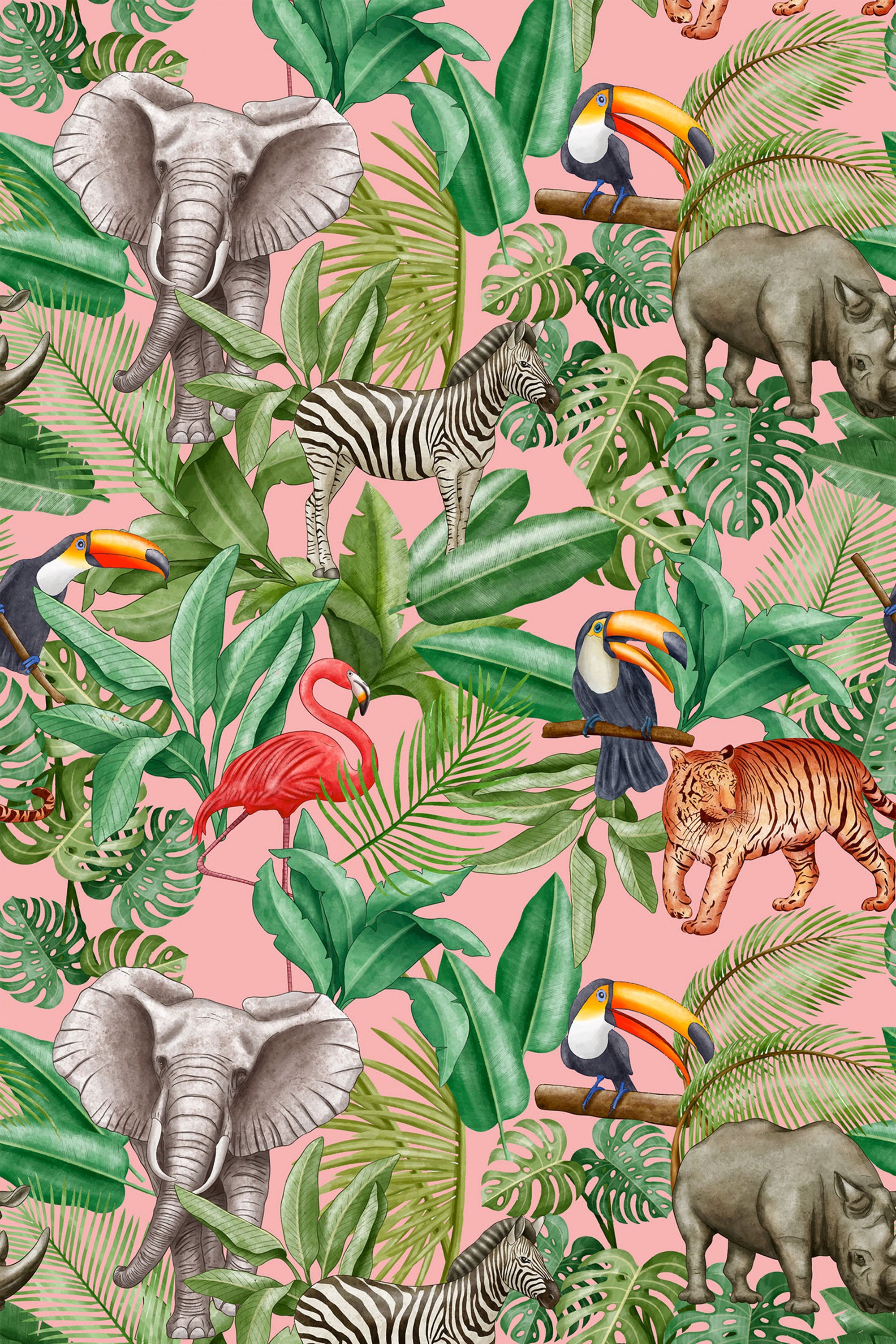A wallpaper pattern with a pink background covered in lush green tropical leaves, and illustrations of animals like elephants, zebras, rhinos, tigers, toucans, and flamingos. Peel and stick removable wallpaper.