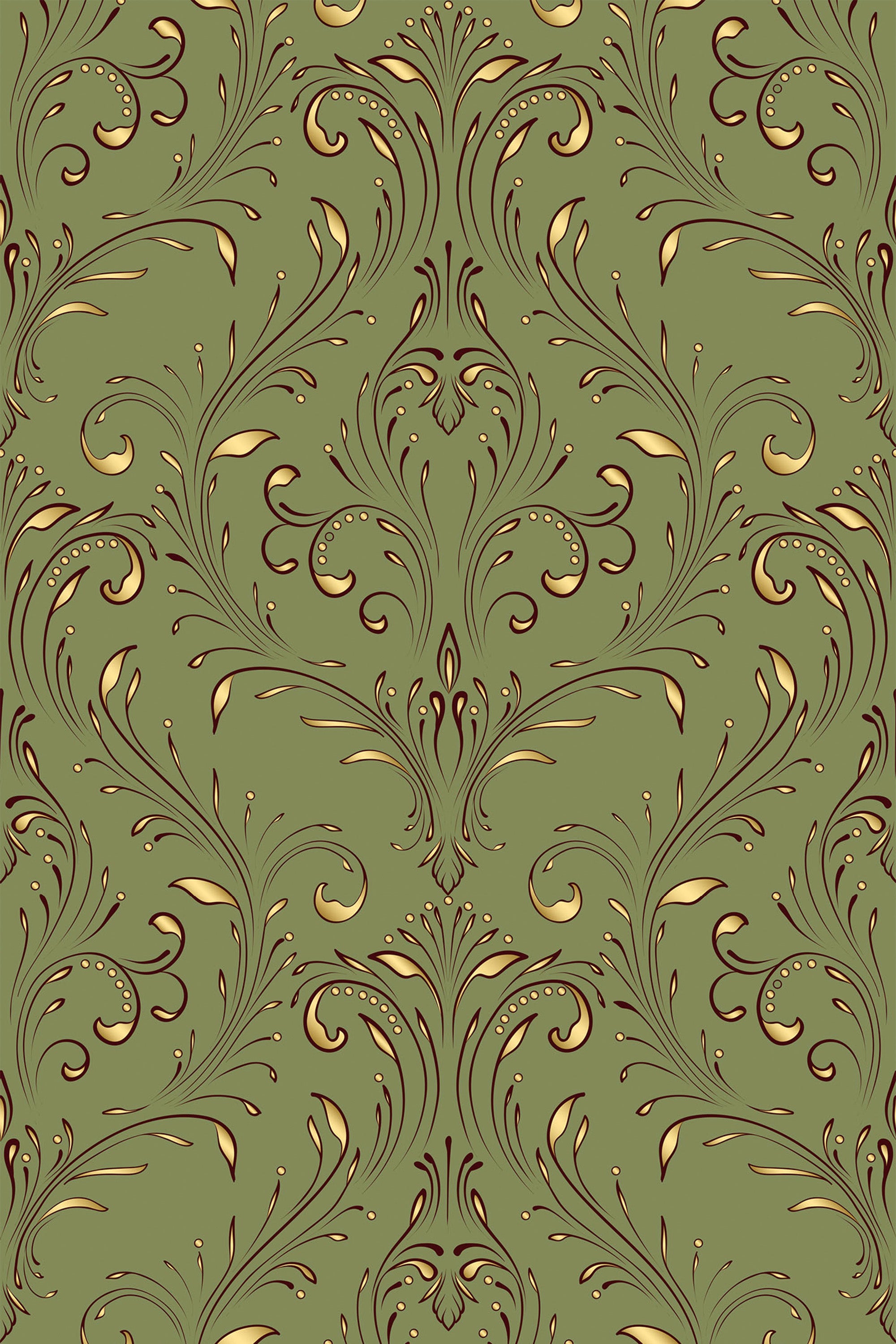 A detailed olive green damask pattern with ornate, symmetrical flourishes and scrollwork in gold tones, creating an elegant and classic design. Peel and stick removable wallpaper.