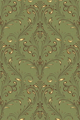 A detailed olive green damask pattern with ornate, symmetrical flourishes and scrollwork in gold tones, creating an elegant and classic design. Peel and stick removable wallpaper.