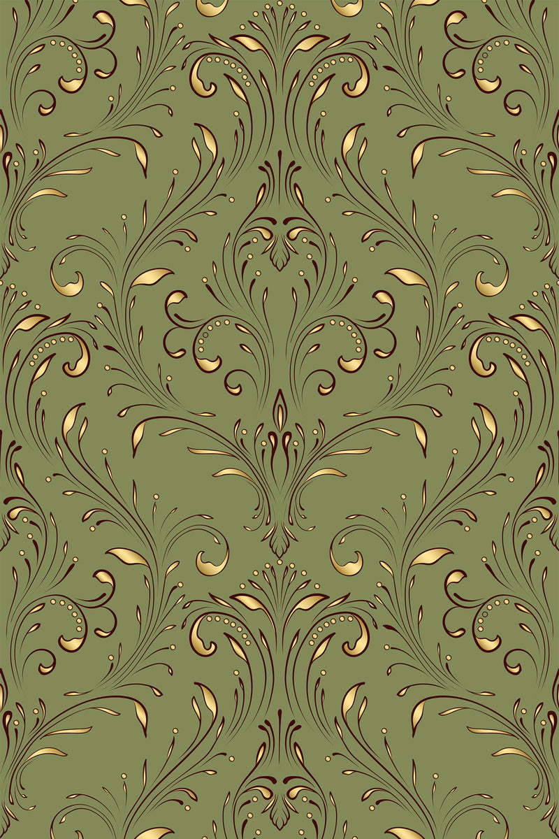 A detailed olive green damask pattern with ornate, symmetrical flourishes and scrollwork in gold tones, creating an elegant and classic design. Peel and stick removable wallpaper.