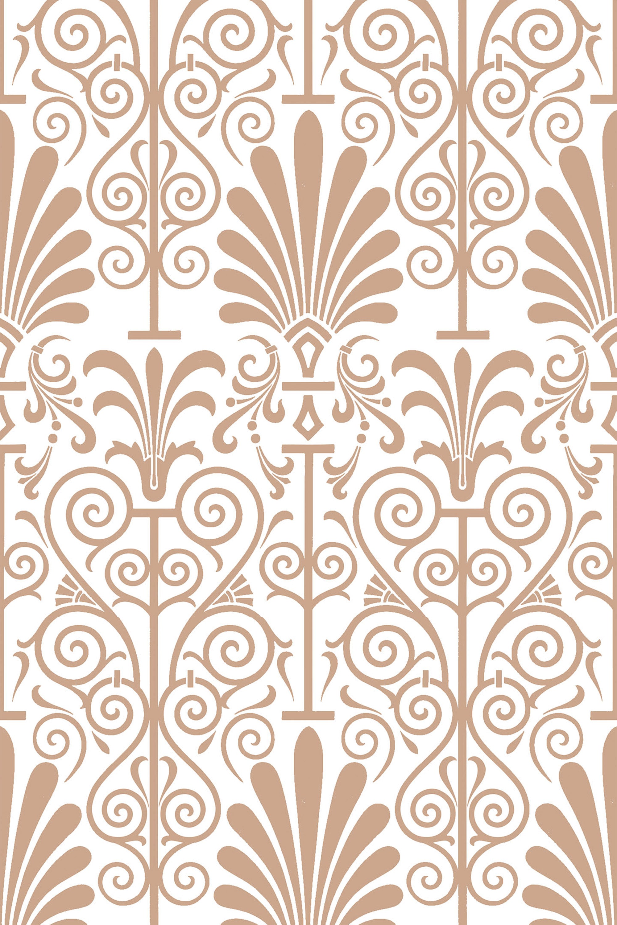 A Damask pattern with intricate scrollwork and floral motifs in a warm beige color on a white background. Elegant and symmetrical, the design repeats seamlessly for a classic and sophisticated look. Peel and stick removable wallpaper.