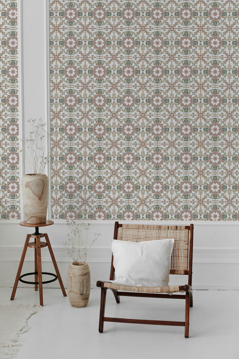 modern living room rattan chair decorative vase neutral tile pattern