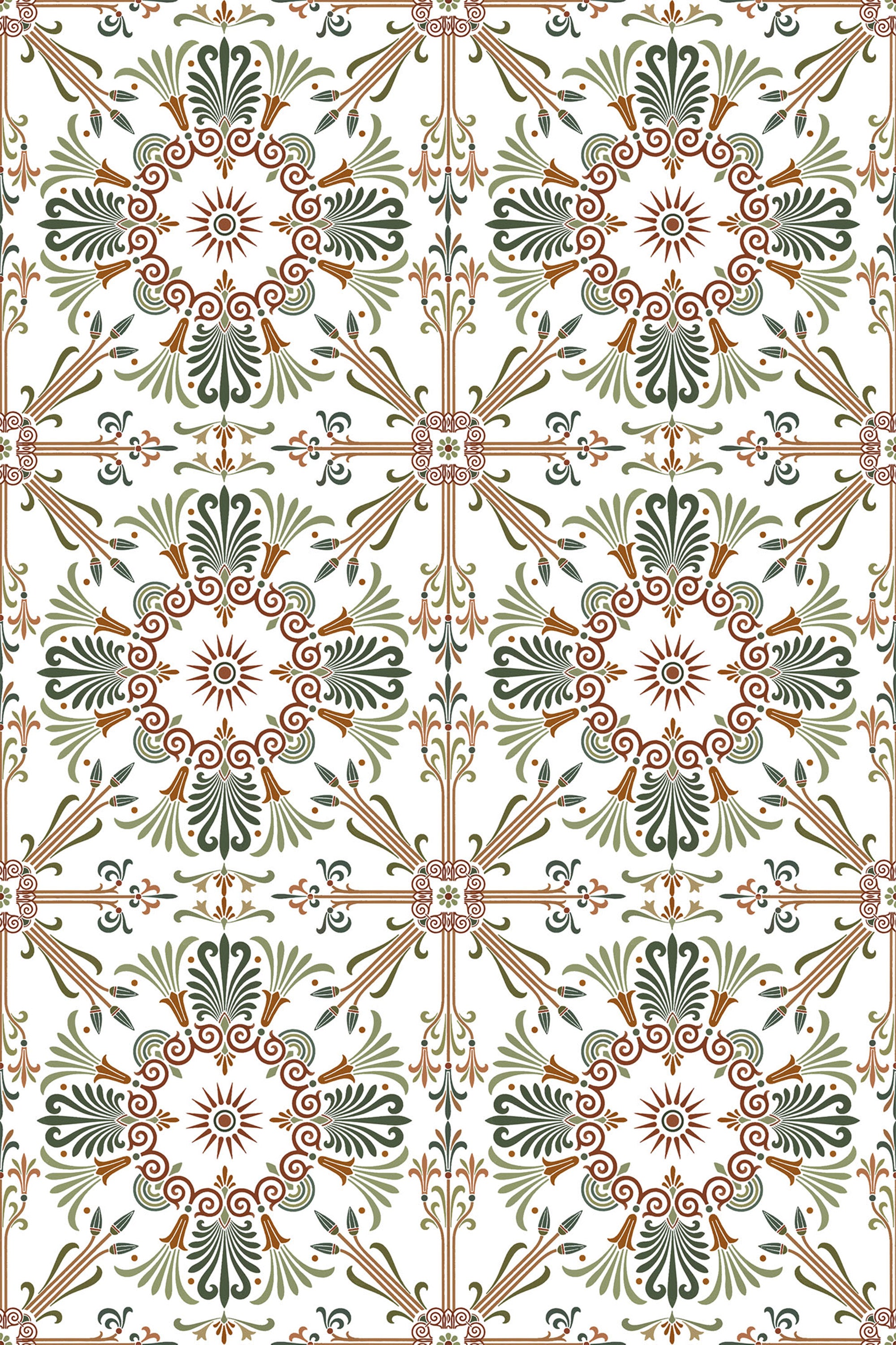 Intricate pattern of symmetrical floral and geometric motifs in shades of green, brown, and soft red on a white background. The design includes ornate circular medallions and decorative foliage elements arranged in a repeating tile pattern. Peel and stick removable wallpaper.