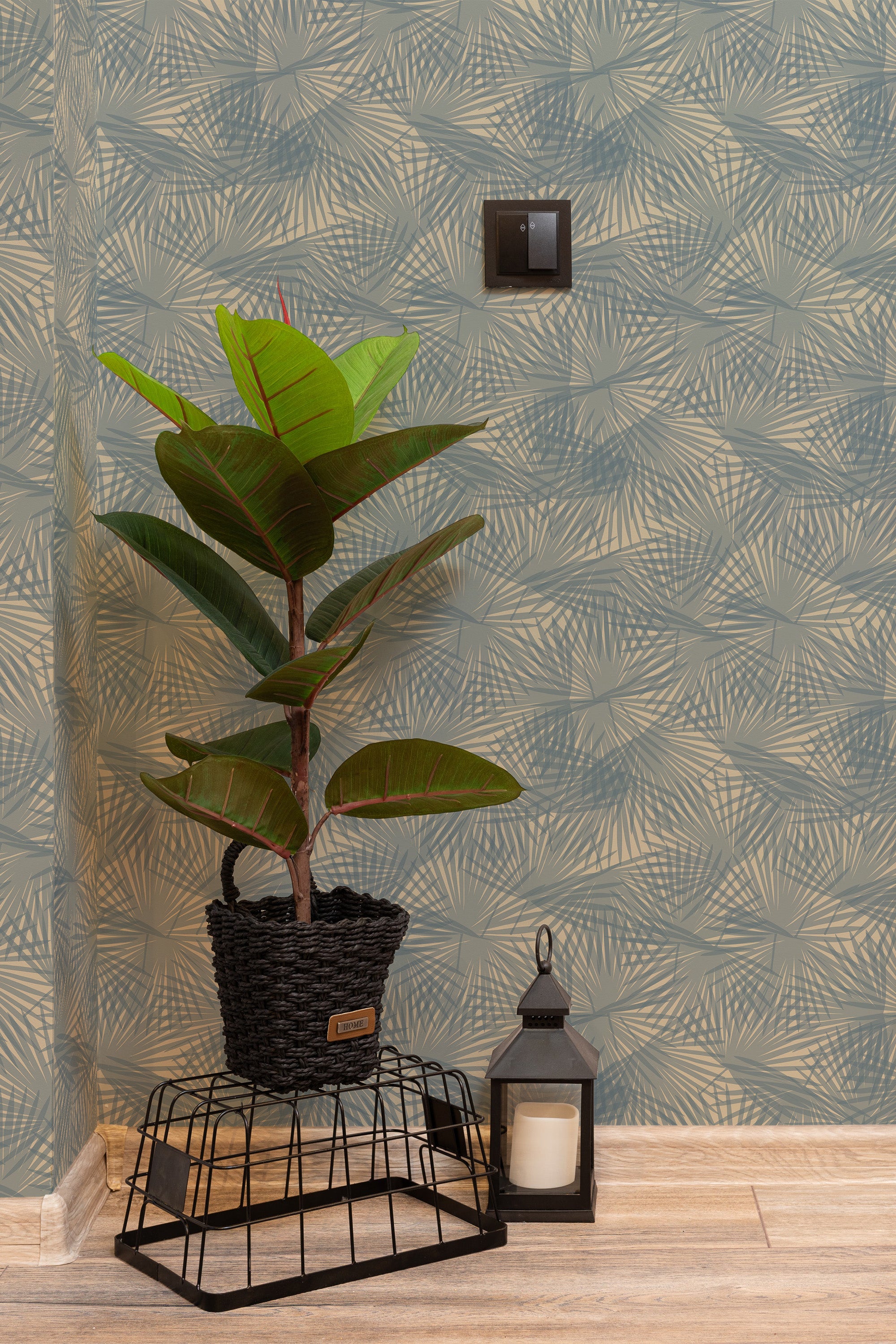 Self-adhesive dark palm leaf wallpaper with intricate patterns of overlapping palm leaves in subtle shades of dark gray and beige, creating a tropical and modern vibe.