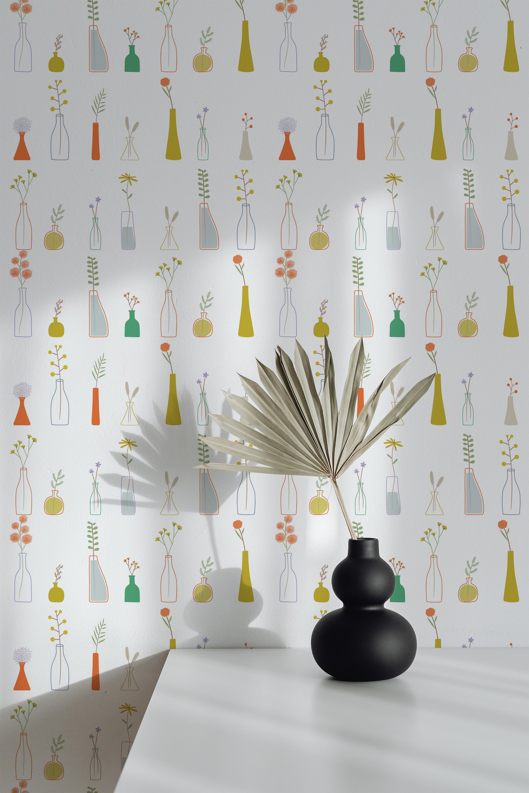 Self-adhesive wallpaper with a minimalist design of abstract flower vases in various shapes and sizes, arranged in a grid pattern. The vases are filled with simple, colorful flowers and foliage in shades of orange, green, and yellow, on a white background.