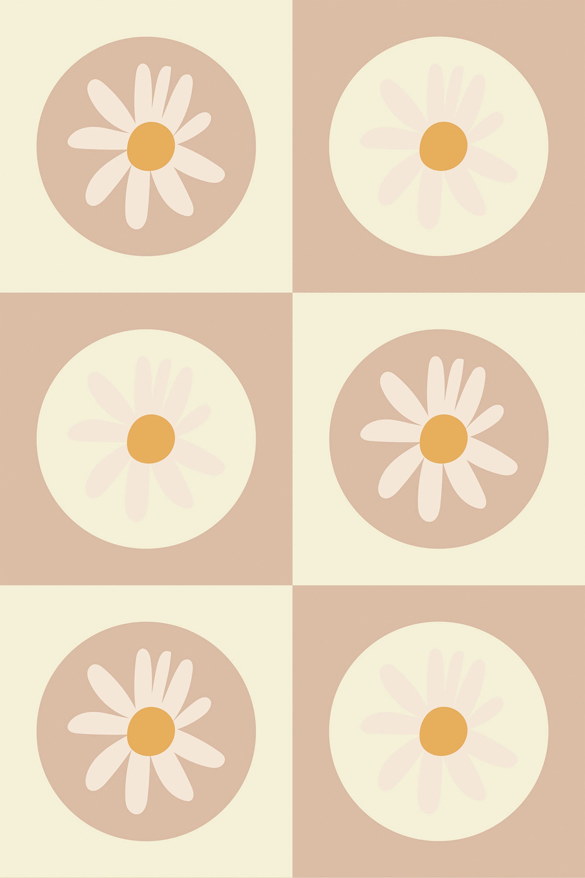 Daisy flower motifs with orange centers and cream-colored petals on alternating beige and cream square backgrounds. Retro-inspired design with a warm and subtle color palette. Peel and stick removable wallpaper.