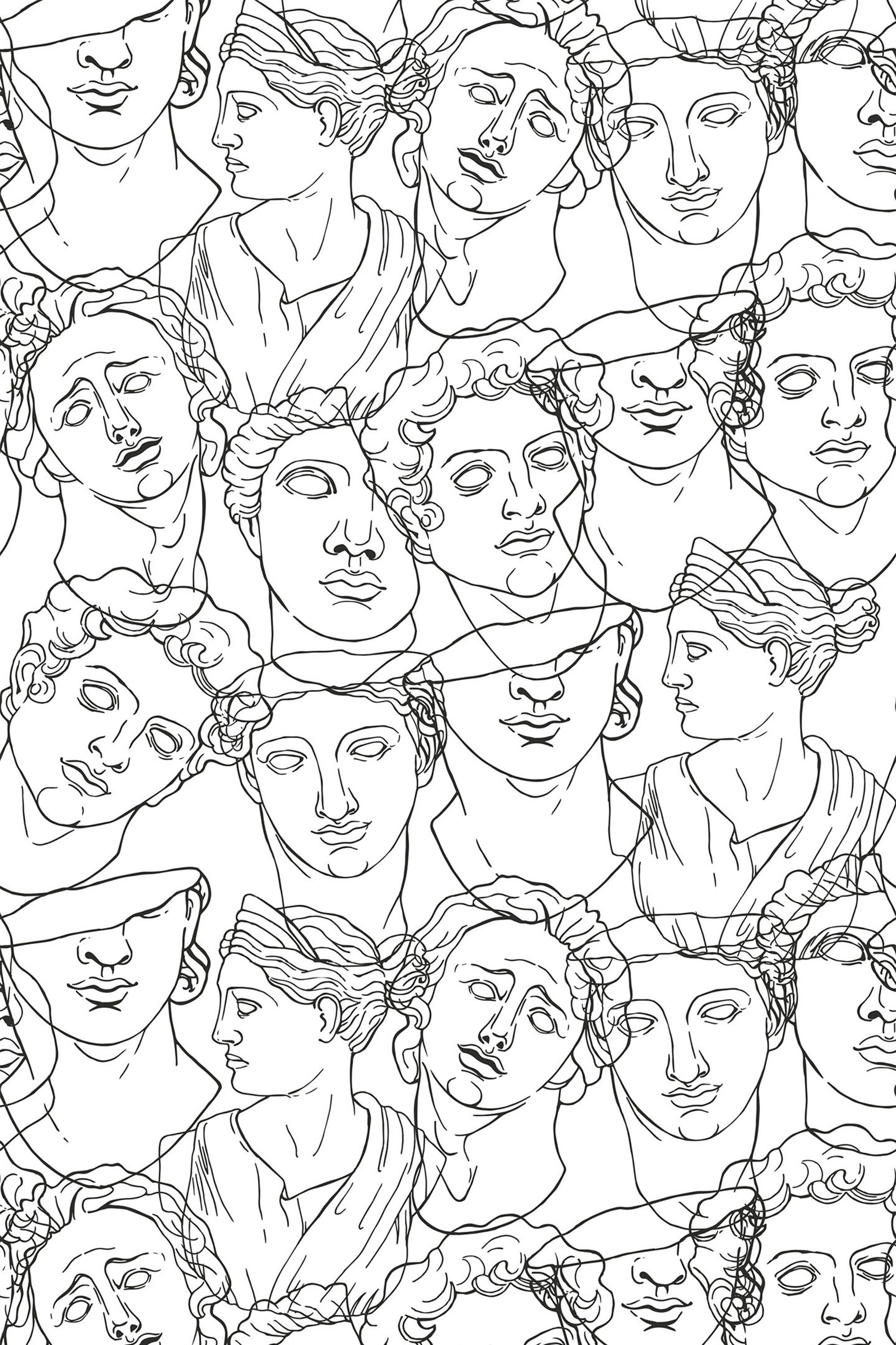 Line art design of overlapping Greek statue heads, predominantly in black and white with detailed facial expressions and hairstyles, creating an intricate and classical aesthetic. Peel and stick removable wallpaper.