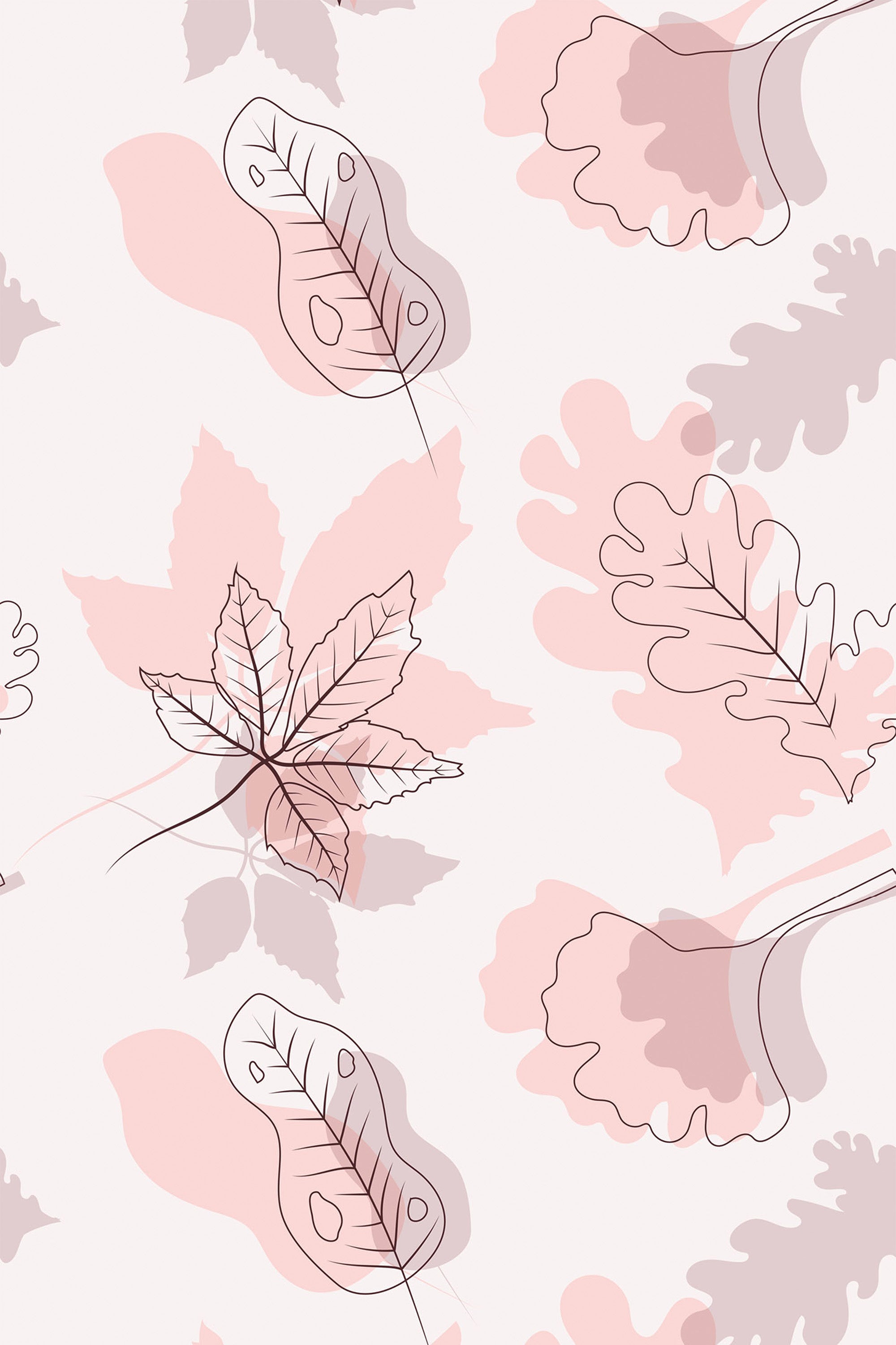 Seamless wallpaper pattern with delicate autumn leaves in various shades of pink and soft beige, outlined in thin black lines. The design includes detailed maple, oak, and other leaf shapes, creating a botanical and seasonal theme. Peel and stick removable wallpaper.