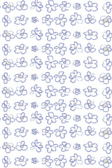 Pattern of simple hand-drawn blue flowers scattered across a white background, creating a minimalist and clean aesthetic. Peel and stick removable wallpaper.