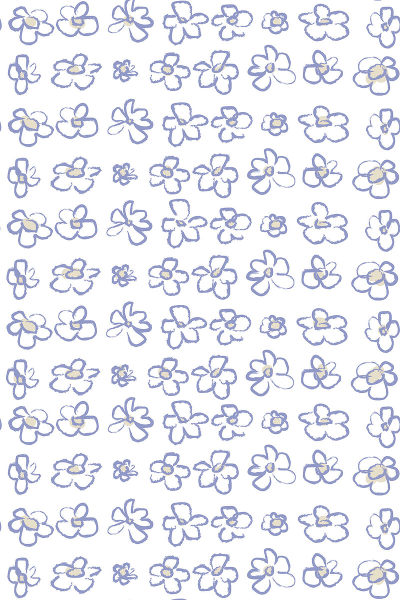 Pattern of simple hand-drawn blue flowers scattered across a white background, creating a minimalist and clean aesthetic. Peel and stick removable wallpaper.