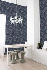 Dark blue wallpaper with a repeating pattern of white, intricately drawn parachutes floating gracefully, adding a whimsical yet sophisticated touch,raditional wallpaper.