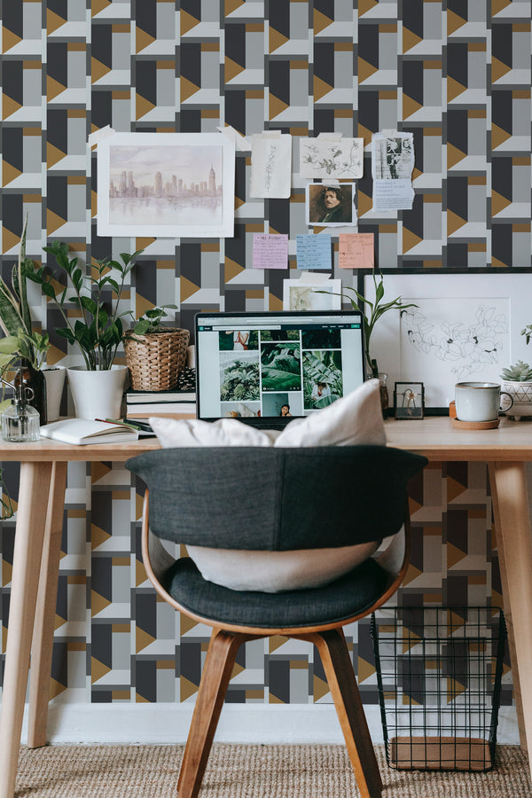 modern home office desk plants posters computer luxury geometric stick on wallpaper