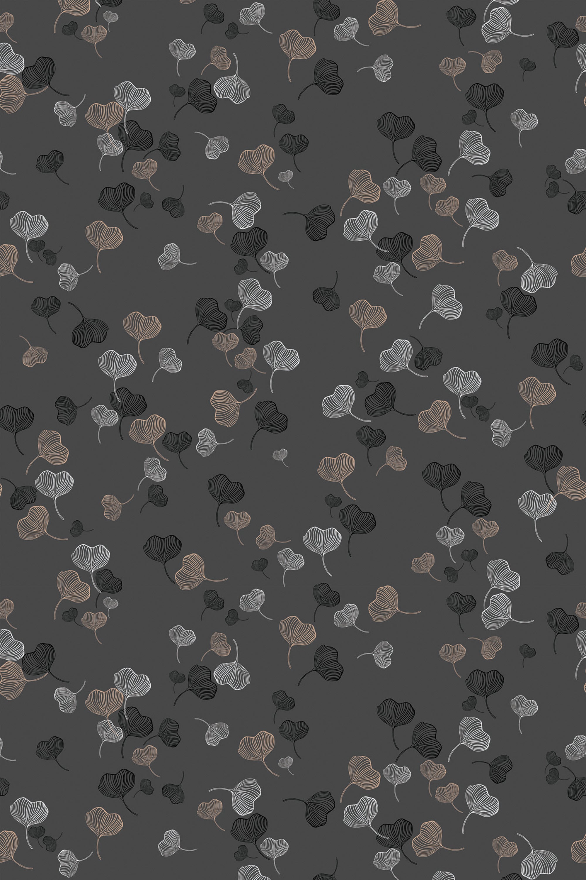 Delicate Ginko leaf pattern in shades of black, white, gray, and beige scattered across a dark charcoal background. Peel and stick removable wallpaper.
