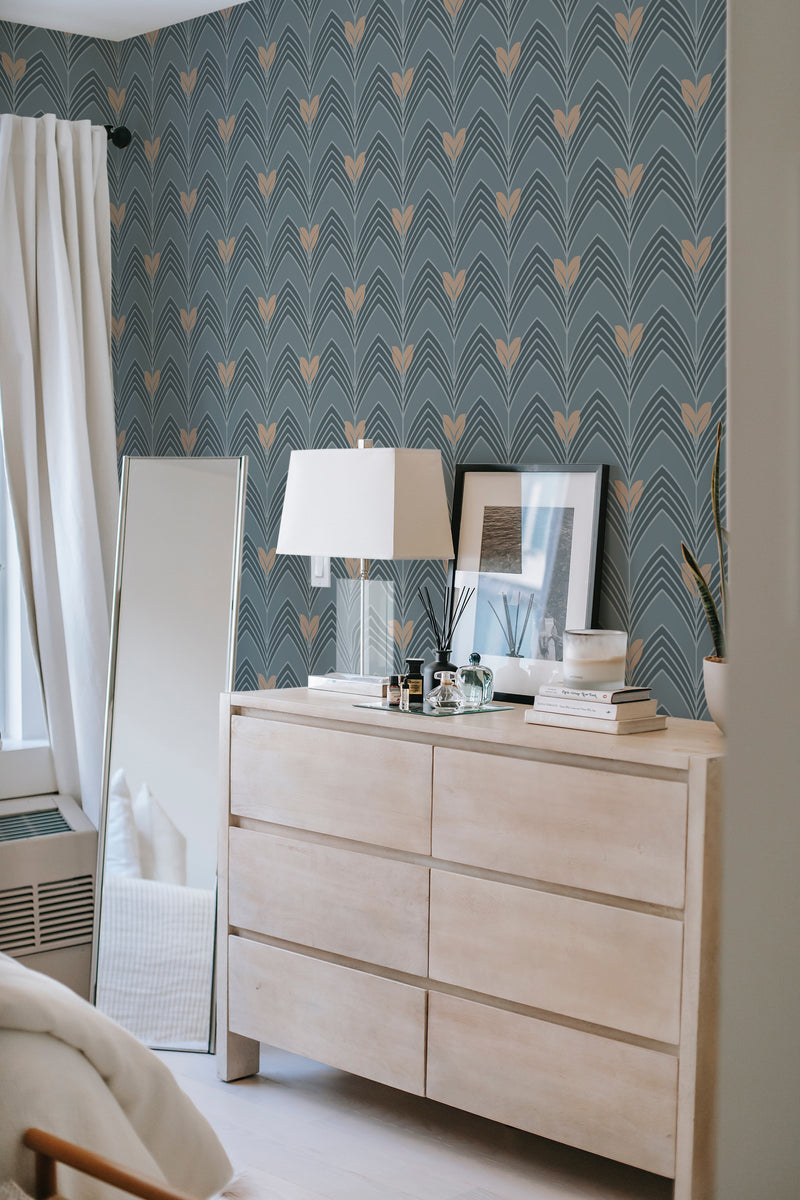         
peel and stick wallpaper premium art deco design accent wall bedroom dresser mirror minimalist interior