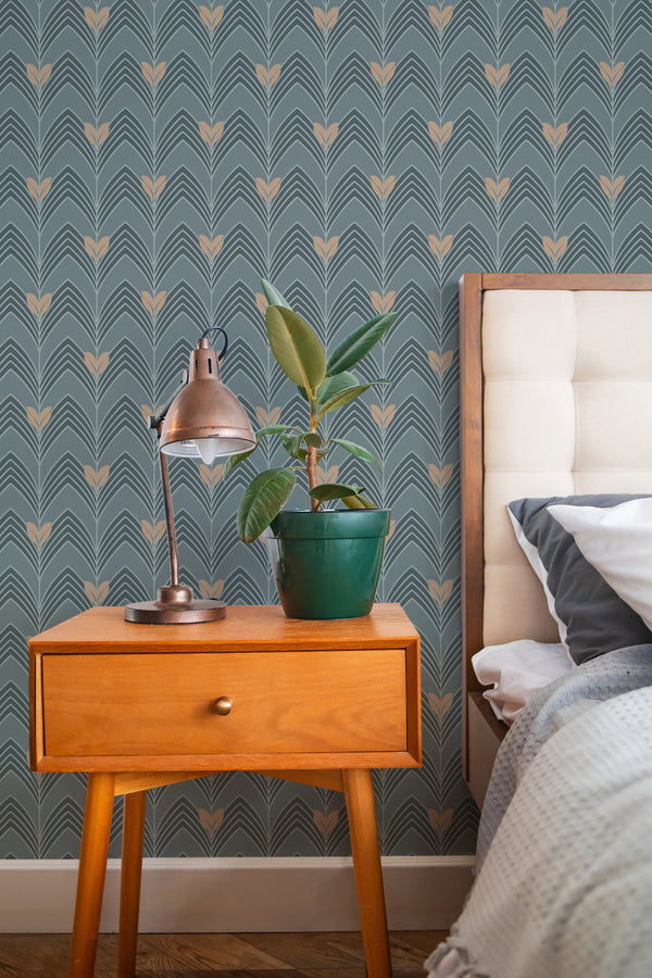 stylish bedroom interior nightstand plant lamp premium art deco design accent wall