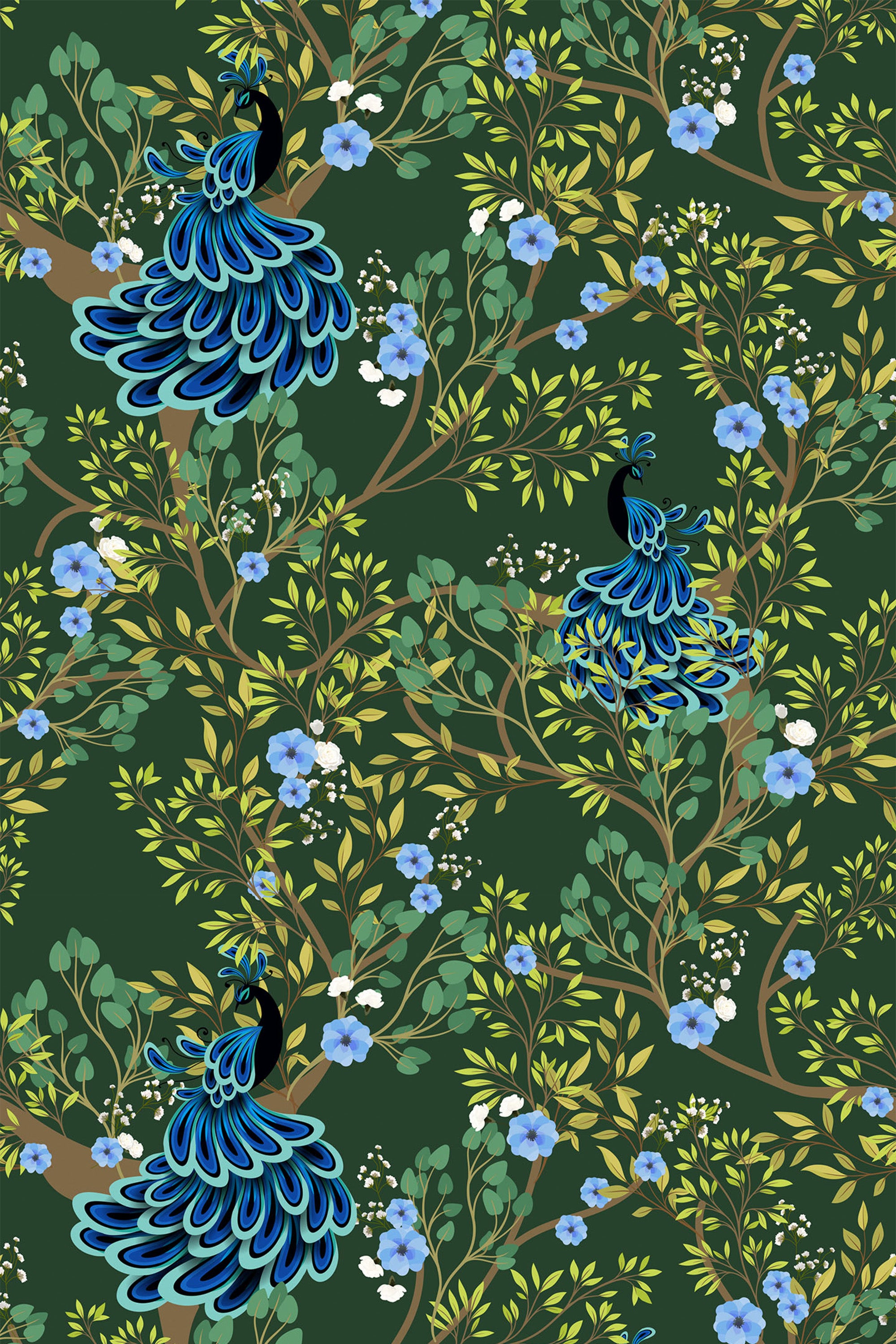 A repeating pattern featuring elegant blue peacocks surrounded by branches, green leaves, and light blue flowers on a dark green background. Peel and stick removable wallpaper.