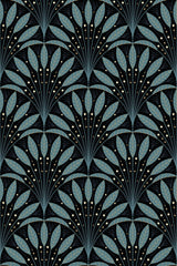 Stylized art deco pattern with fan-shaped motifs in teal and dark blue tones, accented by small gold dots, set against a black background. Peel and stick removable wallpaper.