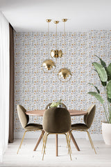 A floral-patterned wallpaper in soft, neutral tones with intricate and detailed flowers spread across the wall, adding a subtle yet elegant touch to the room. Traditional wallpaper.