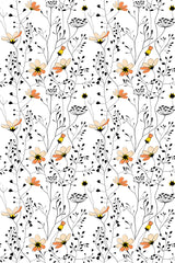 Delicate floral pattern with orange, yellow, and pale pink flowers intertwined with black and white foliage on a white background. Peel and stick removable wallpaper.