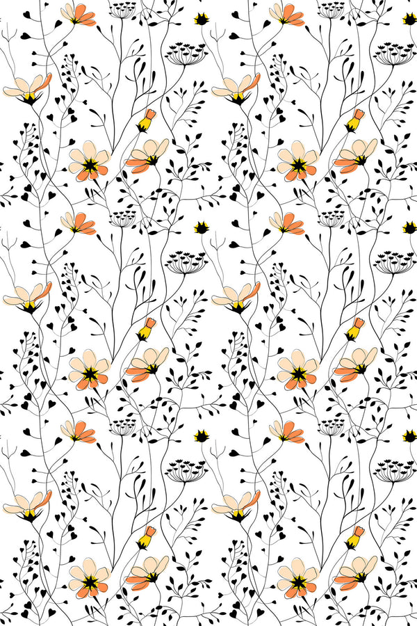 Delicate floral pattern with orange, yellow, and pale pink flowers intertwined with black and white foliage on a white background. Peel and stick removable wallpaper.