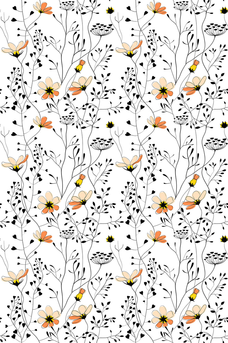 Delicate floral pattern with orange, yellow, and pale pink flowers intertwined with black and white foliage on a white background. Peel and stick removable wallpaper.