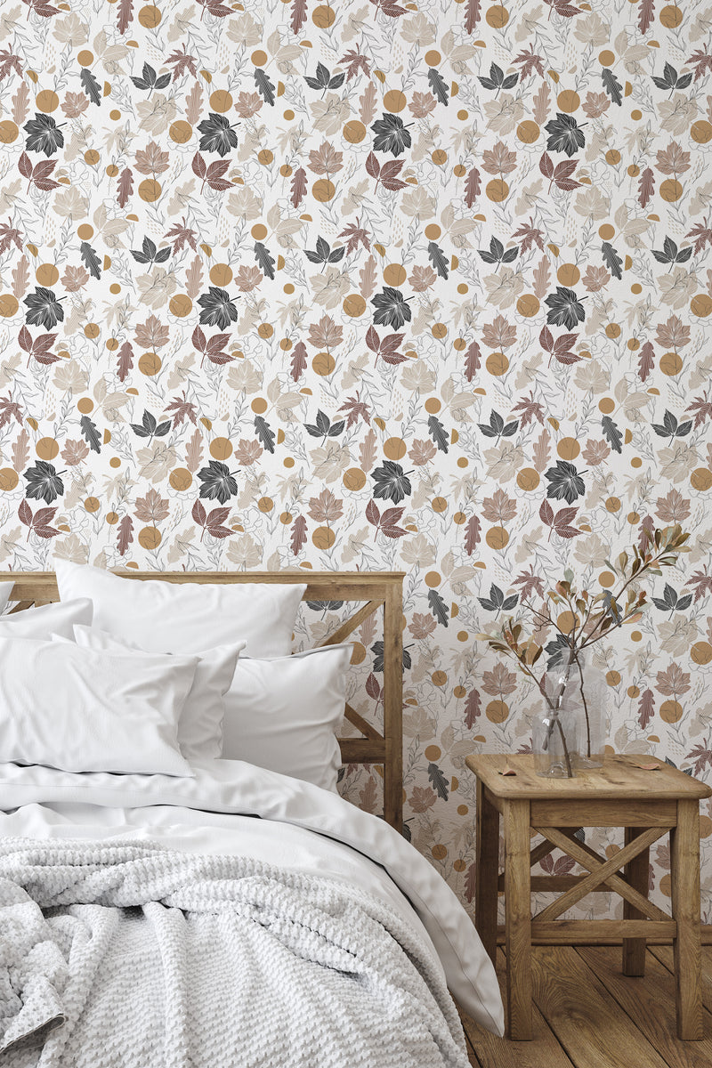 Self-adhesive wallpaper with a Boho autumn design featuring a variety of leaves and floral patterns in warm, earthy tones of orange, brown, and muted greens, complemented by soft neutrals. The intricate botanical elements create a cozy, natural atmosphere perfect for a calming and stylish interior.