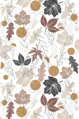 Autumn-inspired wallpaper with intricate botanical motifs, including hand-drawn leaves, flowers, and abstract shapes in warm shades of brown, mustard, and black on a white background, creating a cozy, bohemian feel. Peel and stick removable wallpaper.