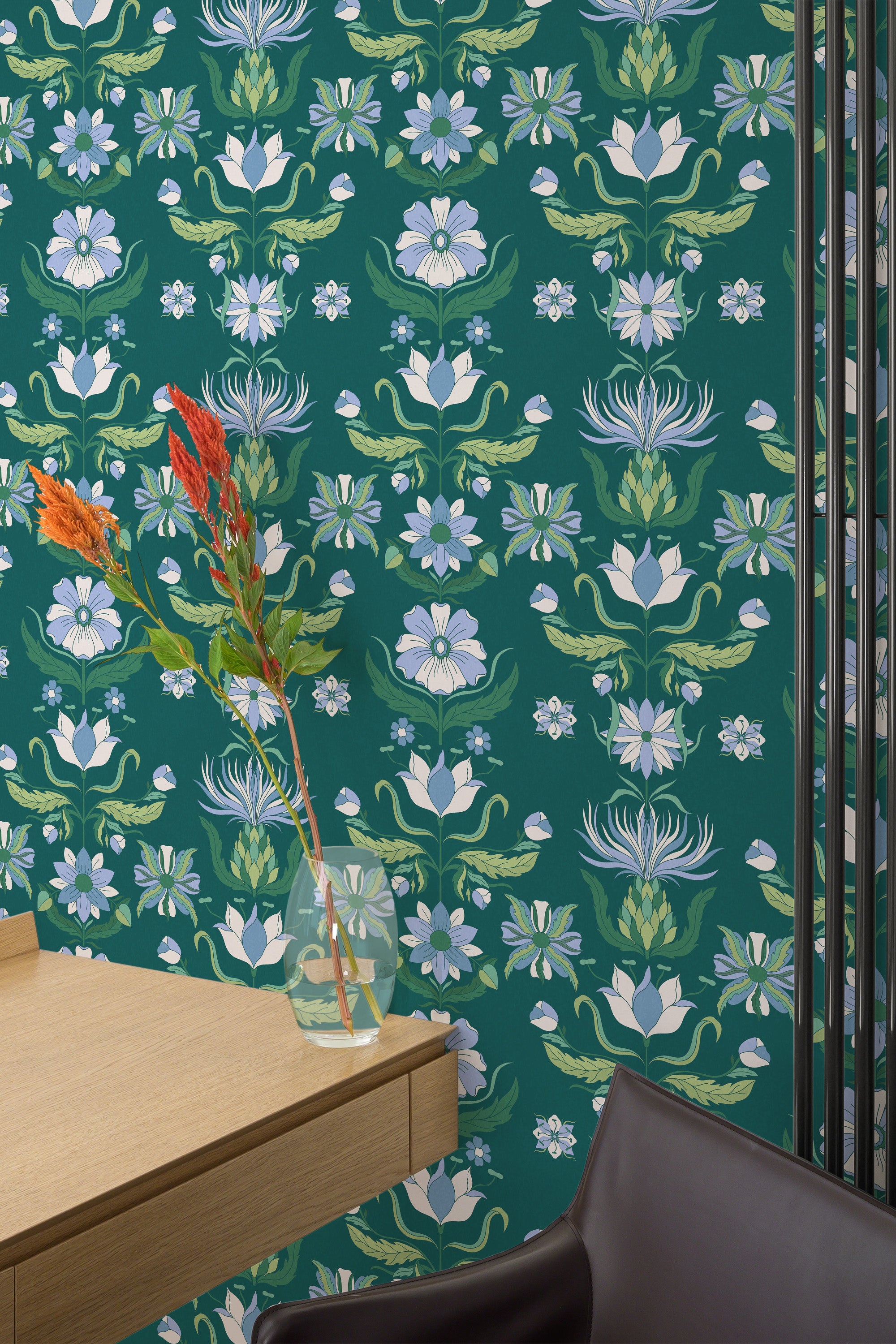 Self-adhesive bold art nouveau wallpaper with a rich green background, adorned with intricate floral patterns in soft blue, white, and green tones. The flowers are stylized with flowing lines, creating a harmonious and elegant vintage look.