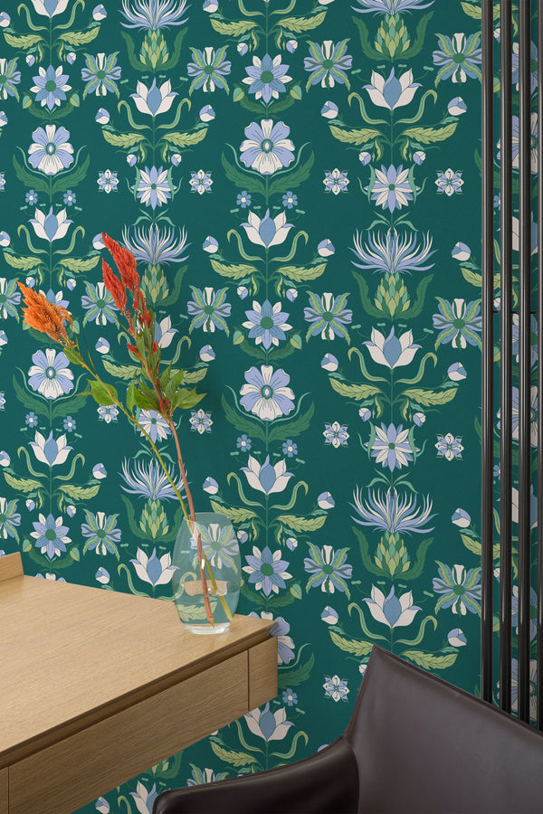home office desk chair flower interior bold art nouveau accent wall