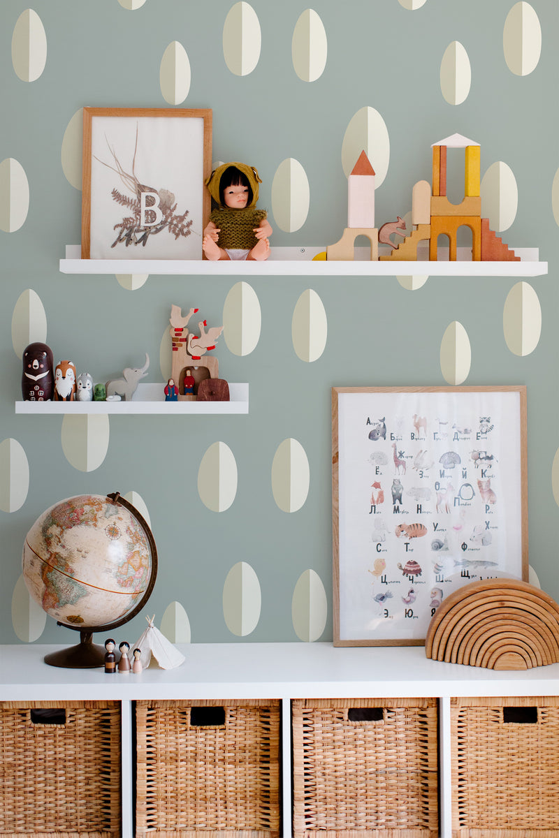 kids room toys pictures decor shelf boxes rain drops wallpaper for walls