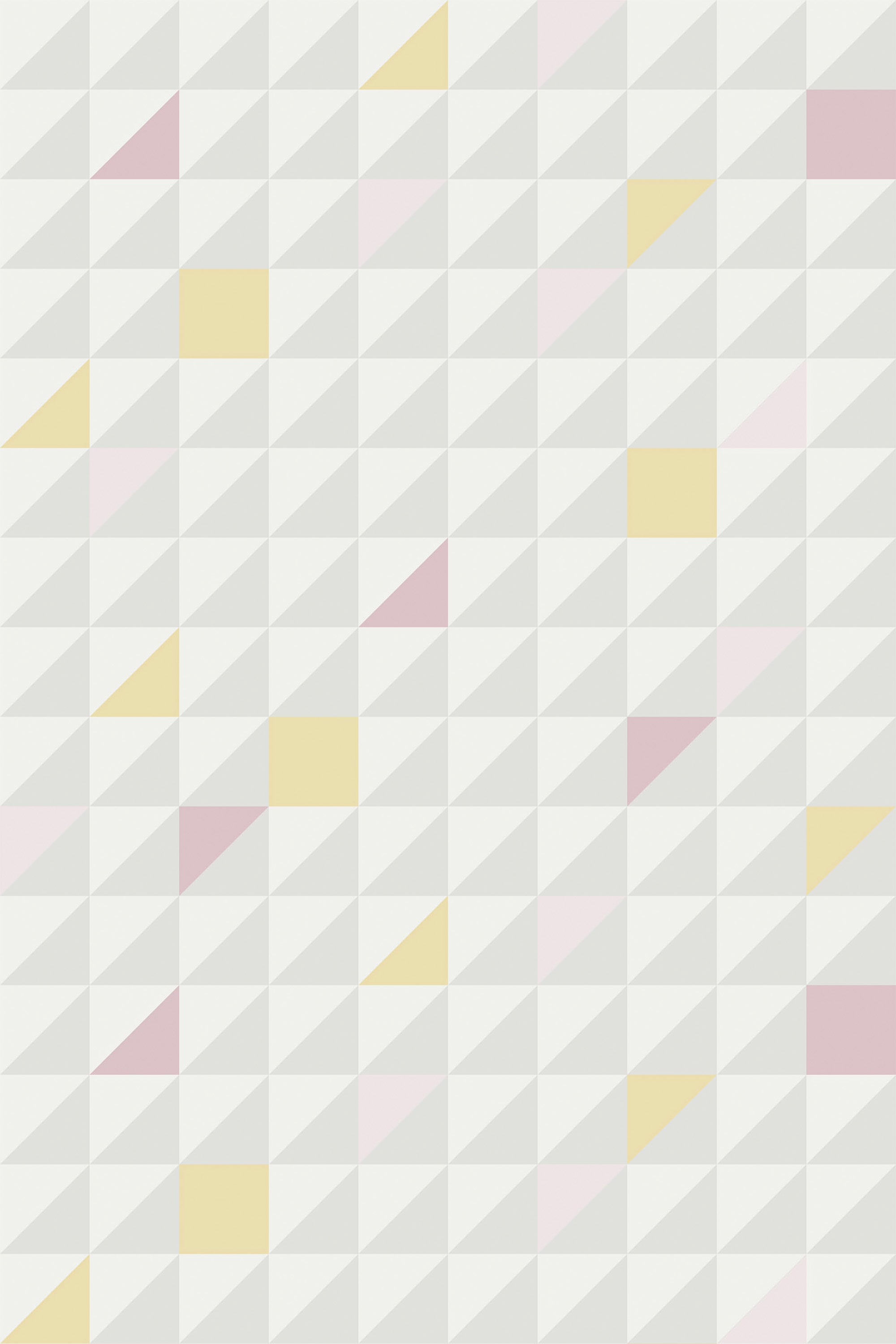 Geometric tile wallpaper with a repeating pattern of triangles in soft pastel colors, including shades of pink, yellow, and gray on a light background. Peel and stick removable wallpaper.