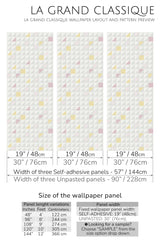 Geometric tile wallpaper design with repetitive patterns of triangles and squares in soft pastel shades of yellow, grey, and pink, evoking the look of a traditional wallpaper.
