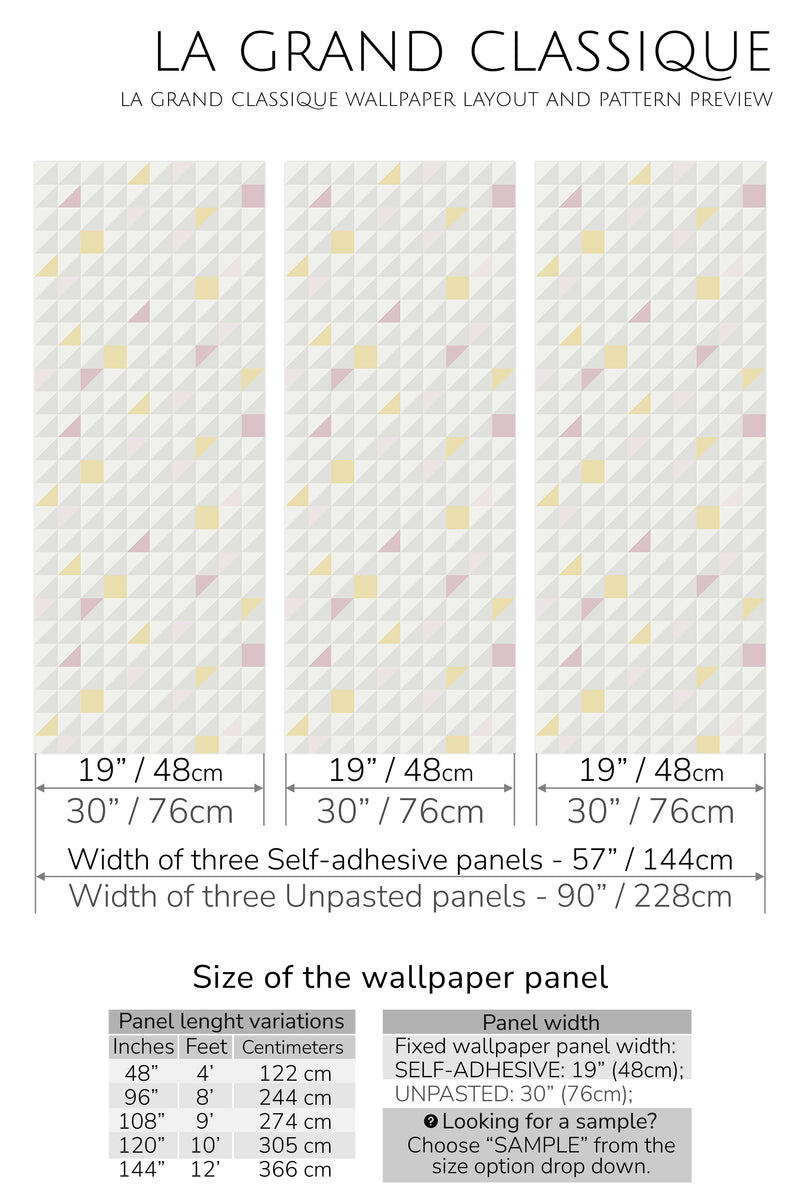 Geometric tile wallpaper design with repetitive patterns of triangles and squares in soft pastel shades of yellow, grey, and pink, evoking the look of a traditional wallpaper.