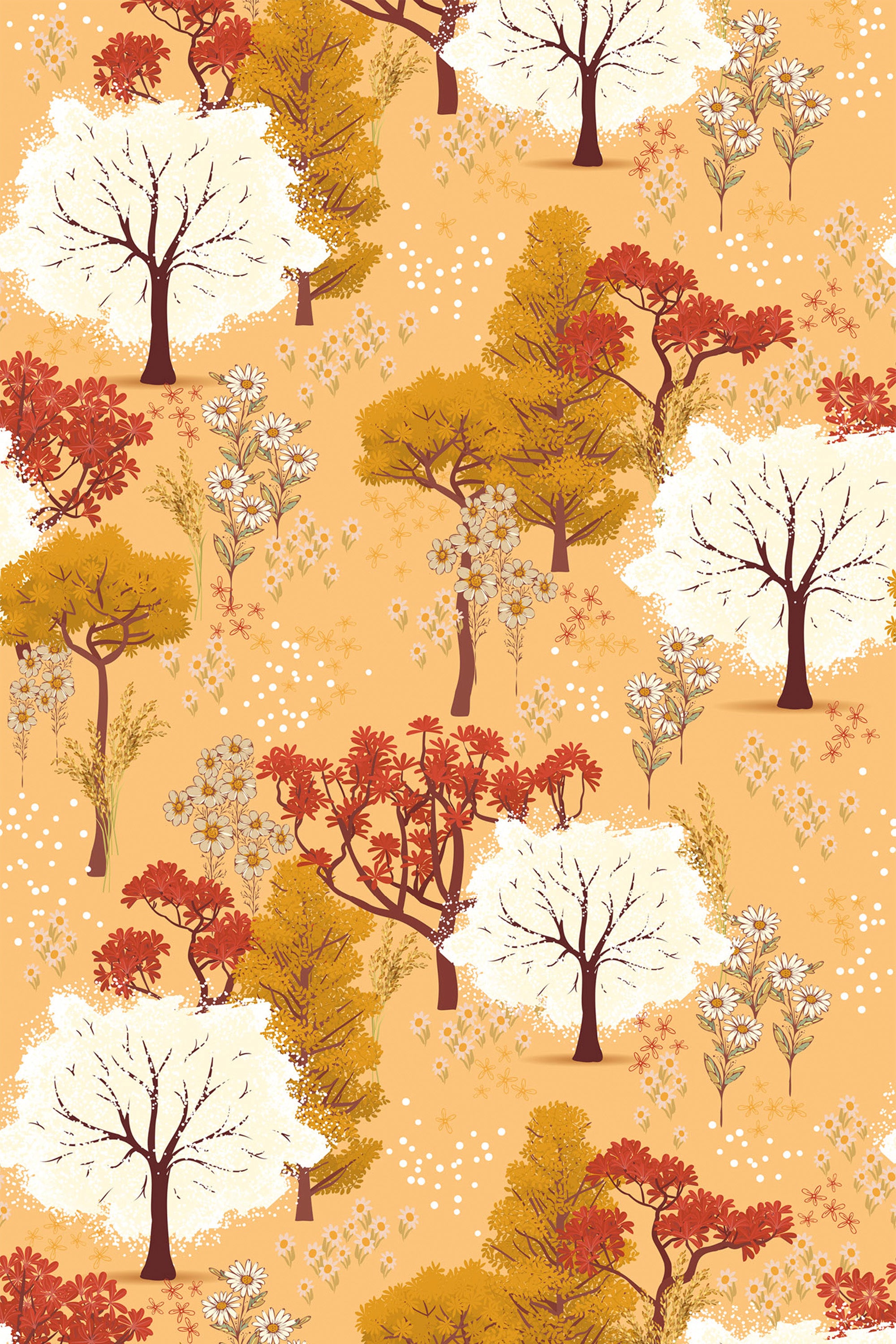 A whimsical woodland scene with trees in autumn colors ��� shades of gold, deep red, and white against a warm tan background. Scattered white flowers and delicate, leafy branches add charm to the enchanting forest landscape. Peel and stick removable wallpaper.