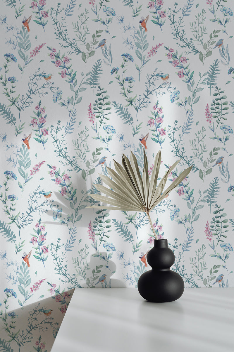 Self-adhesive wallpaper with a delicate Spring birds design, featuring a pattern of birds, leaves, and various small flowers in soft, muted colors of green, pink, and blue on a white background.