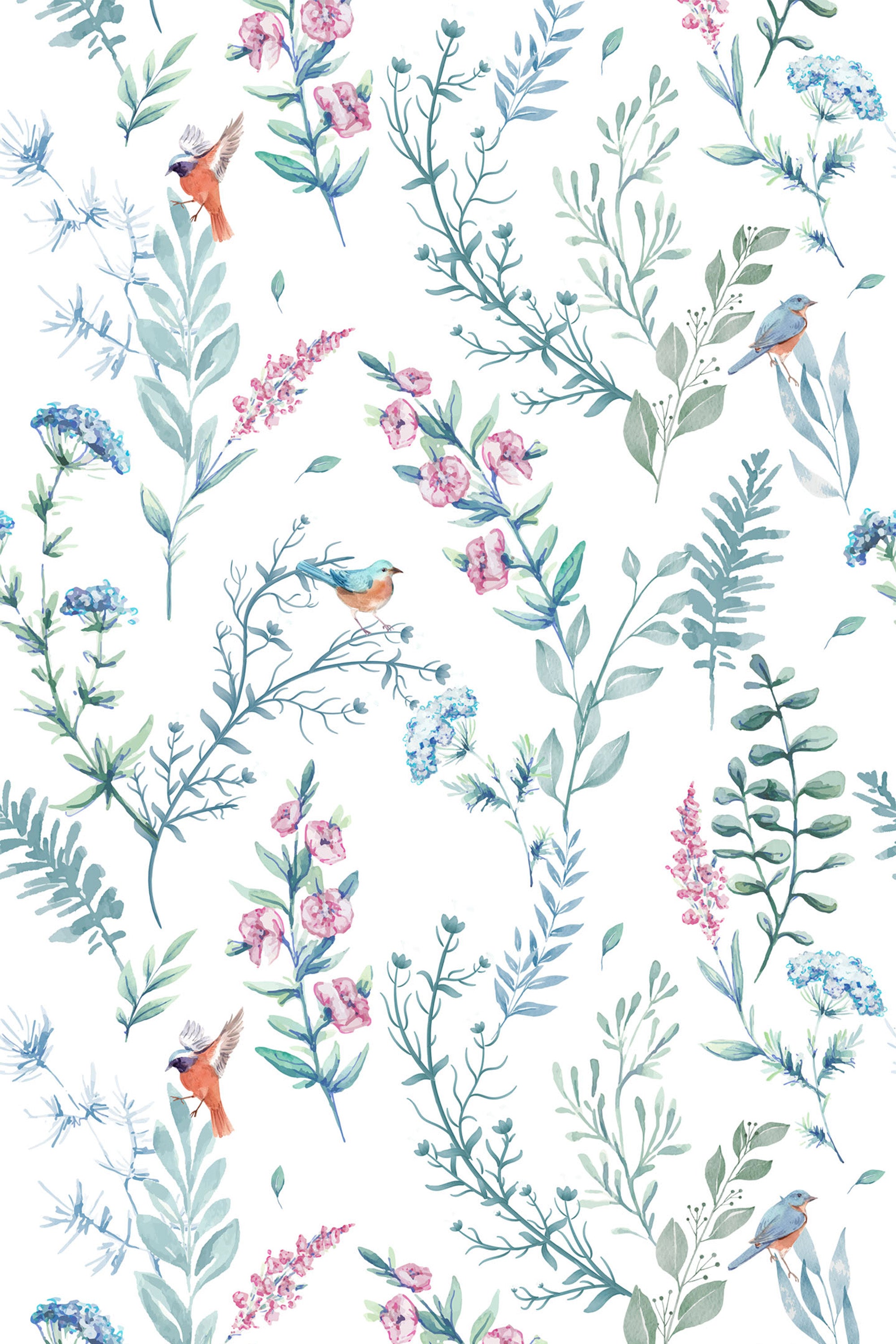 Delicate floral and leafy branches intertwined with colorful songbirds set against a white background, creating a fresh springtime feel. Peel and stick removable wallpaper.