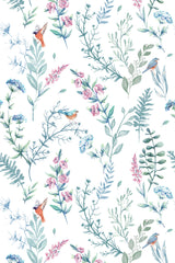 Delicate floral and leafy branches intertwined with colorful songbirds set against a white background, creating a fresh springtime feel. Peel and stick removable wallpaper.