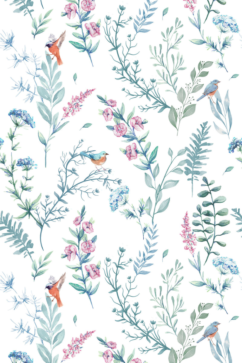 Delicate floral and leafy branches intertwined with colorful songbirds set against a white background, creating a fresh springtime feel. Peel and stick removable wallpaper.