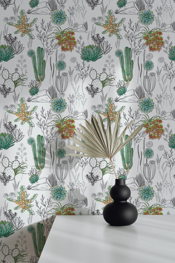 wallpaper peel and stick accent wall cactus pattern decorative vase plant
