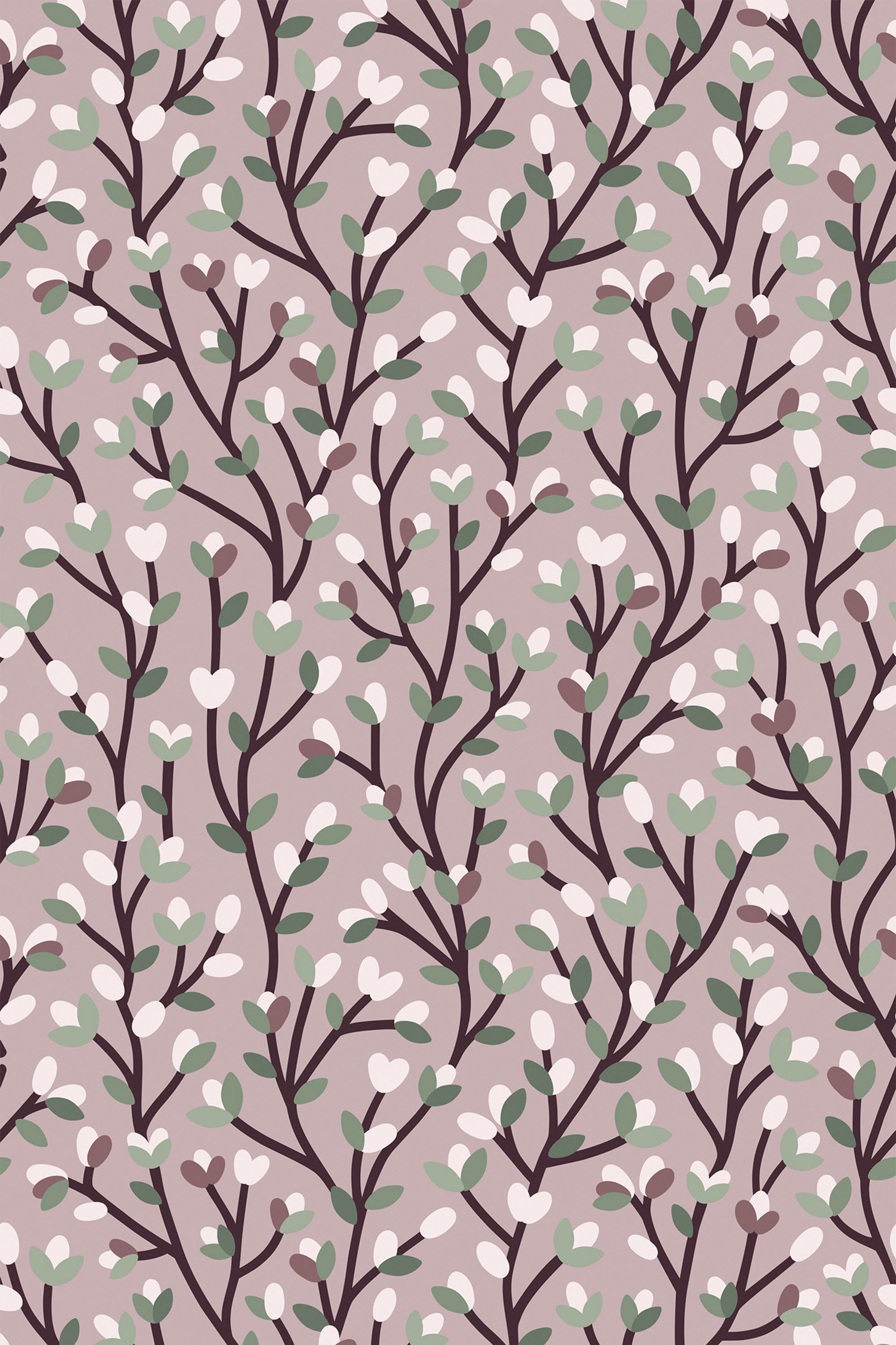 Pattern of delicate branches with soft pink and white buds, along with green leaves on a beige background, forming a repeating springtime design. Peel and stick removable wallpaper.
