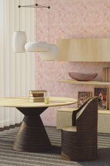 living room dining table wooden furniture light pink nursery feathers wall paper peel and stick